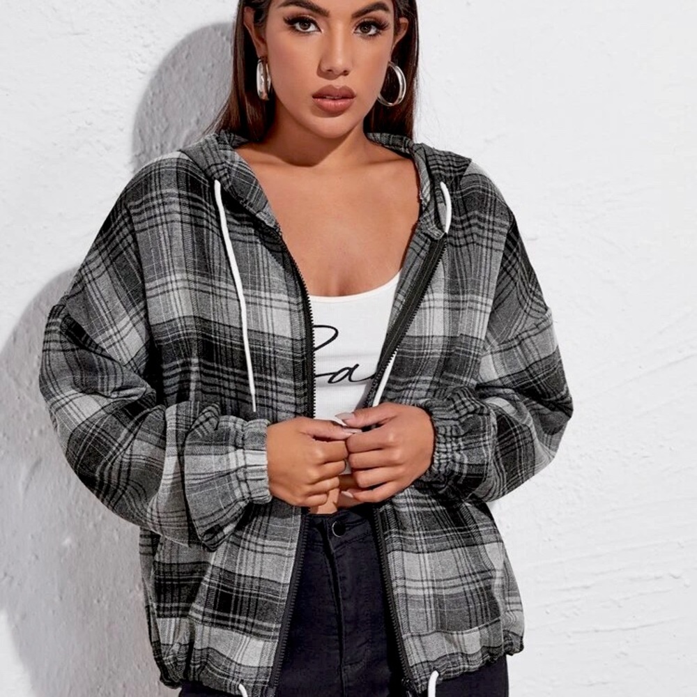 Zip Up Drawstring Plaid Hoodie